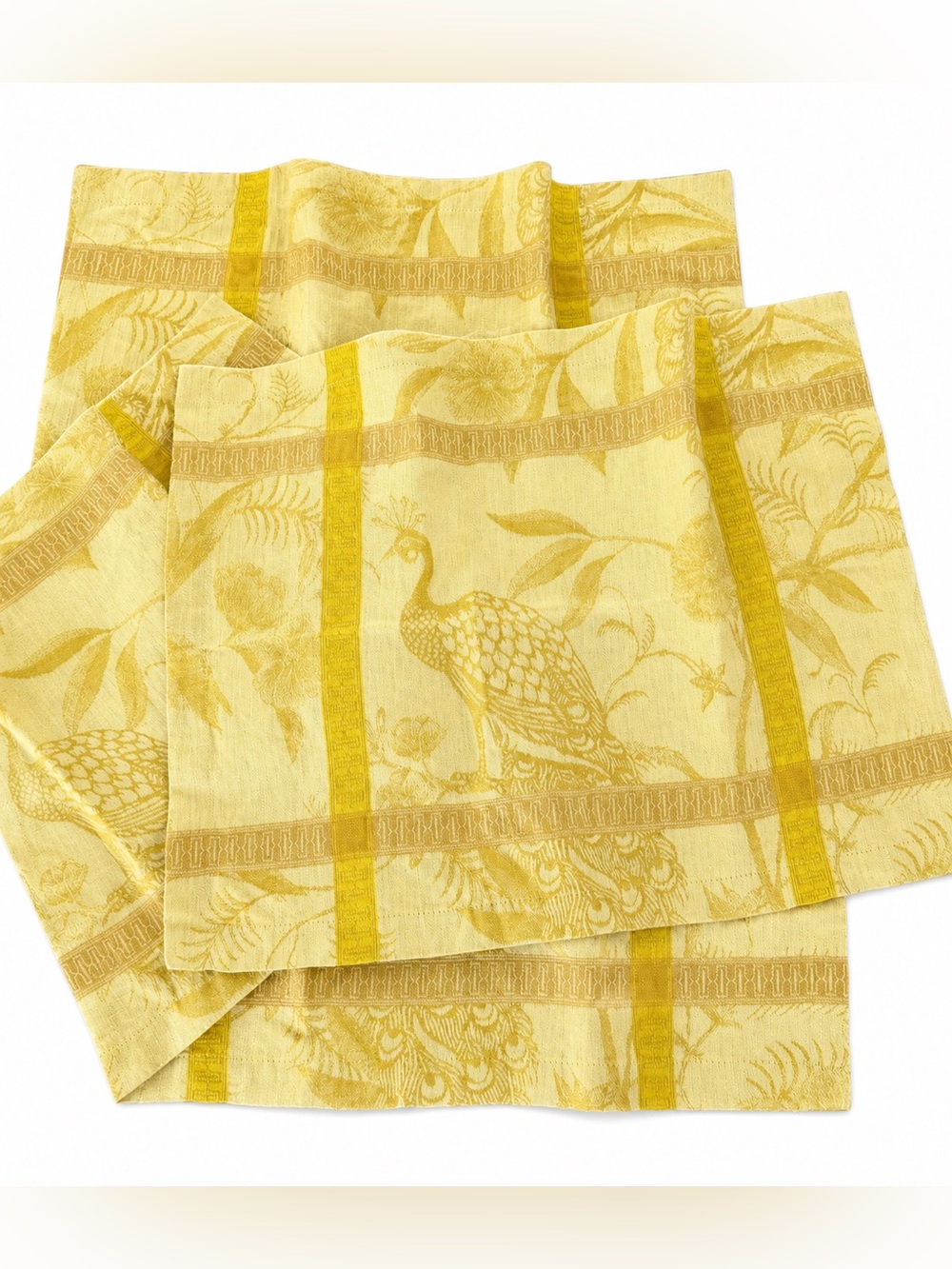 Vintage Le Jacquard Francais Peacock Damask Linen Placemats Set of 6 Yellow